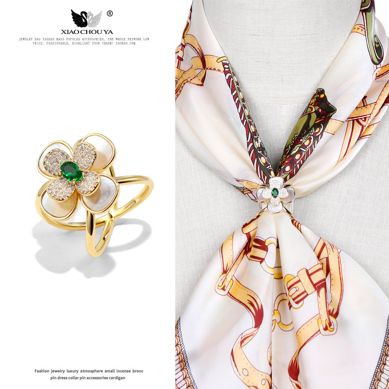 双层幸运四叶草贝壳花朵丝巾扣打蝴蝶结扣秋冬大衣围巾百搭配饰品