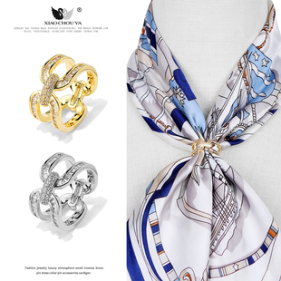 高档回形镶钻丝巾扣多功能简约小方巾衣角打结扣围巾飘带扣环配饰