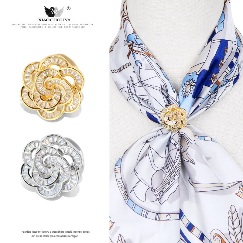 2023高端水晶山茶花丝巾扣女小方巾围巾多功能蝴蝶结扣环衣角配饰