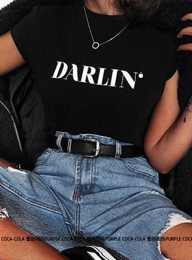 港风复古经典潮牌darlin印花百搭宽松女式上衣纯棉短袖打底衫t恤