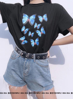 2020新款蝴蝶图案印花纯棉宽松ins网红超火短袖t恤女大码学生潮款