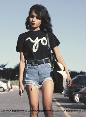 ins 欧美网红同款yo小蛇图案印花宽松短袖圆领纯棉百搭学生t恤女