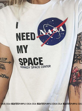 2023春夏新款NASA印花圆领男女情侣t恤衫宽松大码学生bf风上衣服