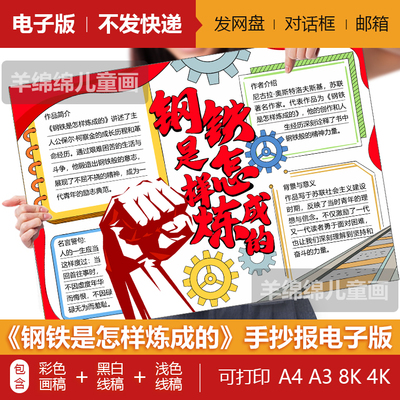 《钢铁是怎样炼成的》手抄报模板电子版黑白线稿打印涂色阅读小报