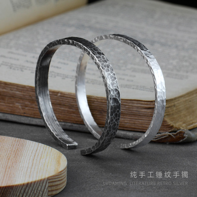 复古风格999足银手工锤纹手镯