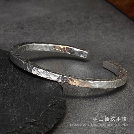 古风纯手工足银捶打纹理小方镯子纯银男女复古手镯实心开口送礼物