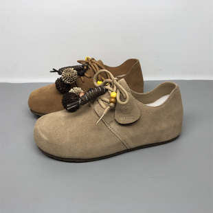 品牌撤柜真皮女鞋2025新款复古勃肯鞋女磨砂皮系带吐司鞋懒人单鞋