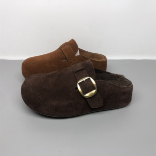 品牌撤柜全真皮牛反绒加绒保暖勃肯拖鞋 冬内增高博肯棉 女2025新款