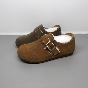 品牌撤柜真皮勃肯鞋女2025新款一脚蹬魔术贴休闲鞋复古软底单鞋潮