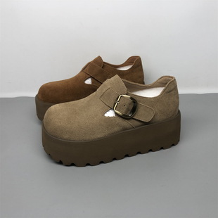 品牌撤柜磨砂牛皮勃肯鞋女2025春秋新款时尚百搭休闲真皮厚底鞋潮