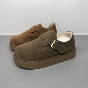 休闲一脚蹬厚底懒人鞋 新款 女2025冬季 品牌撤柜真皮加绒厚底勃肯鞋