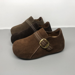 专柜撤柜真皮全包勃肯鞋女2025秋季新款圆头内增高一脚蹬厚底牛皮