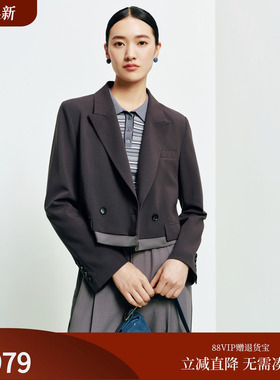 FS摩登戗驳翻领双排扣缎面拼接截短西装外套26春夏新款女装1122A