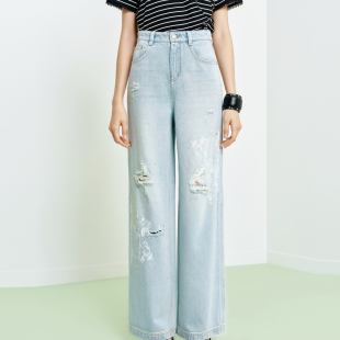 J625A 女装 FS复古高腰蕾丝印花破洞水洗宽松阔腿牛仔裤 26春夏新款