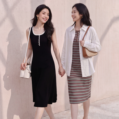 FS时尚多色圆领撞色假两件休闲背心连衣裙26春夏新款女装4101A