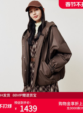 firststation休闲咖啡色连帽宽松拉链短款羽绒服女25秋新款Y126A
