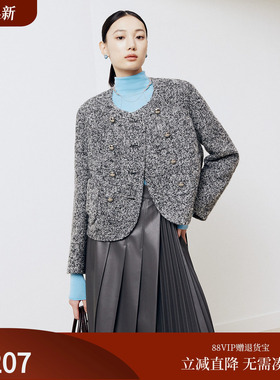 firststation优雅圆领双排扣直身型短款大衣外套女25冬新款8127A