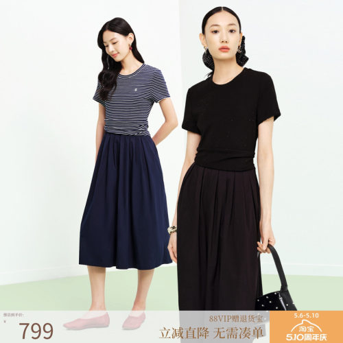 FS时尚圆领假两件拼接腰部堆叠短袖连衣裙26春夏新款女装4622A