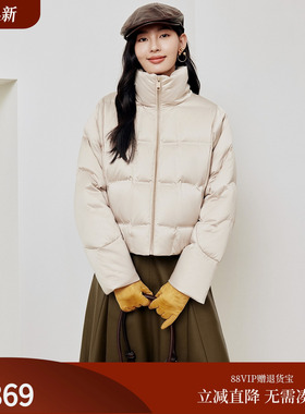 firststation时尚立领落肩灯芯绒拼接短款羽绒服女25冬新款Y123A