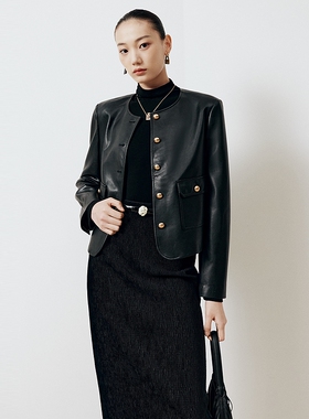 firststation时尚圆领小香风微弧形下摆PU短外套女25秋新款1239A