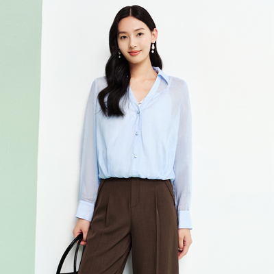 FS时尚V型翻领绣花蕾丝吊带苎麻假两件衬衫26春夏新款女装2125A