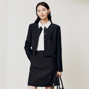 firststation优雅圆领口袋点缀珠钻花卉短外套女25秋新款1590A