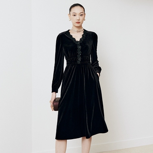 firststation优雅V领泡泡袖蕾丝拼接长袖连衣裙女25秋新款4625A