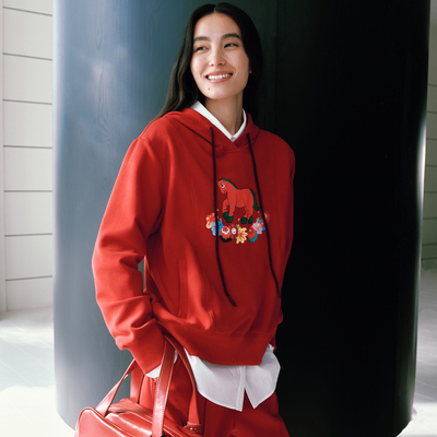 FS新年红休闲连帽小马印花宽松套头长袖卫衣26春夏新款女装5283A