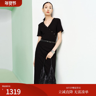 FS优雅V领不对称门襟蕾丝花边收腰短袖连衣裙26春夏新款女装4522A