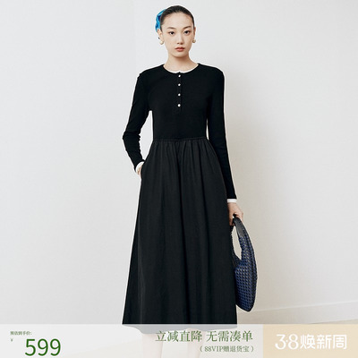 firststation时尚圆领拼接假两件修身长袖连衣裙女25秋新款4620A