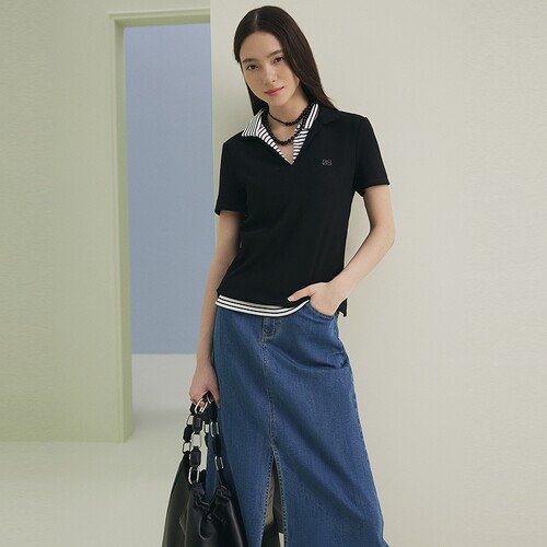 FS休闲简约翻领坑条肌理修身短袖T恤衫女25春新款5302A