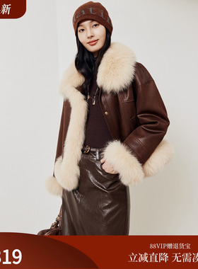 firststation经典复古翻领镶嵌狐狸毛短款羽绒服女25冬新款Y120A