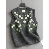 立体花朵宽松外穿圆领坎肩背心2025秋新款 减龄针织毛衣女马夹V354