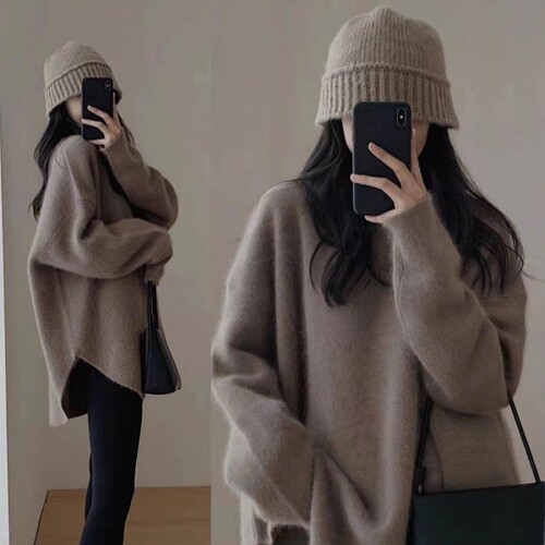 浣熊绒套头毛衣女秋冬外穿中长款日系慵懒复古开叉针织衫冬季加厚