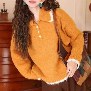 韩系橘色翻领套头宽松2026新款毛衣女秋冬设计感百搭针织衫上衣