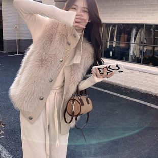 立领针织拼接马甲女背心韩版秋冬新款宽松毛绒马夹坎肩无袖外套潮