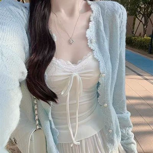 春夏薄款外套女麻花珍珠扣镂空钩花针织开衫温柔风氛围感花边外搭