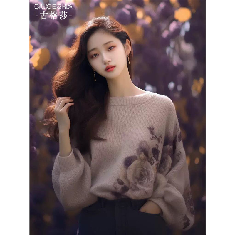 玫瑰印花针织衫女2024秋冬新款宽松套头毛衣时尚休闲外穿遮肉上衣,女装/女士精品,羊绒衫,淘宝优惠券,粉丝福利购,淘宝优惠卷