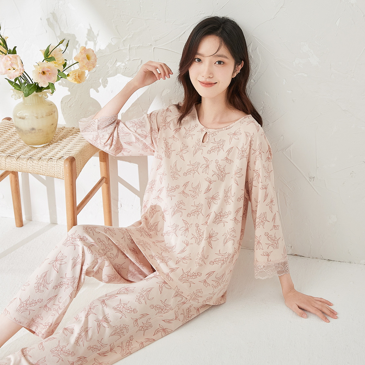 顶呱呱正品官方旗舰店睡衣女款2025新款夏季纯棉七分袖长裤可外穿
