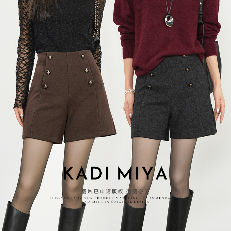 KADIMIYA【时髦腿精】秋冬加厚双排扣毛呢短裤新款A字高腰显瘦