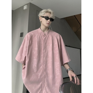冰絲五分袖 新中式 襯衣 夏季 外套男款 國風(fēng)粉色襯衫 潮牌痞帥炸街短袖
