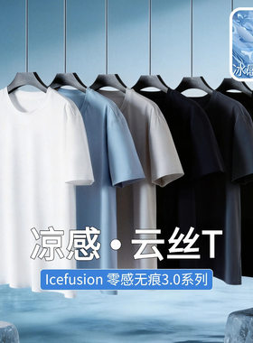 霞湖世家专柜冰丝凉感圆领男士t恤短袖夏季速干上衣纯色服装男款
