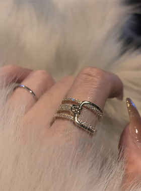 ins风轻奢感戒指女日韩小众设计双层指环超闪满钻可调节手饰