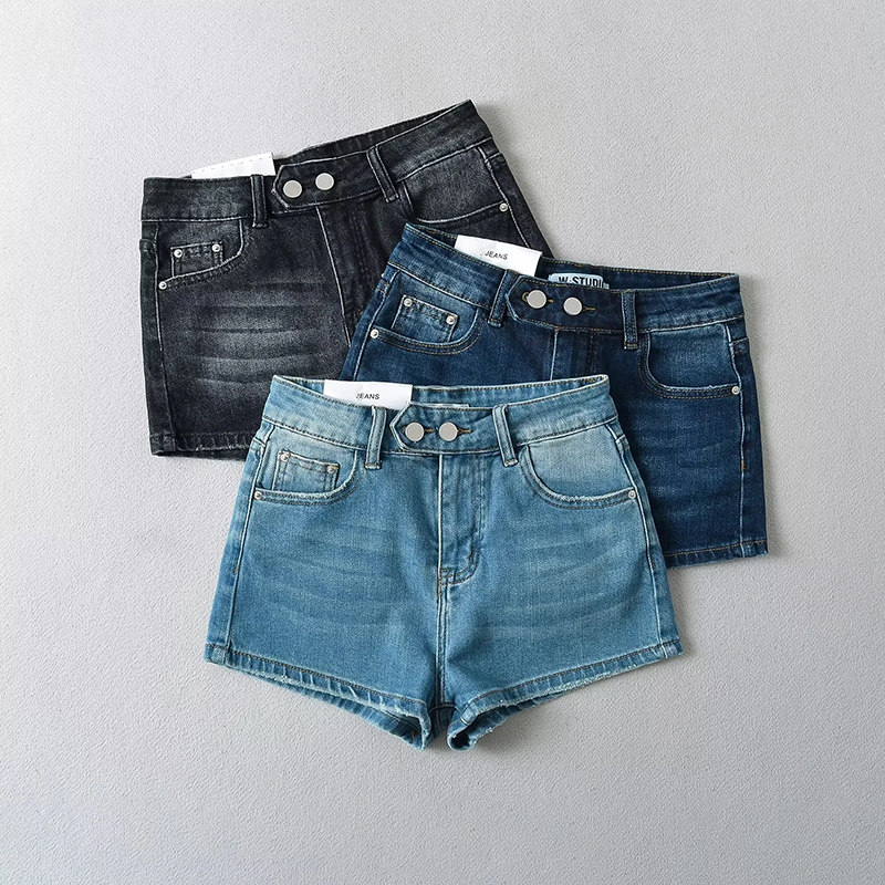 复古做旧紧身双扣高腰牛仔短裤女夏季薄款高弹力辣妹包臀显瘦热裤