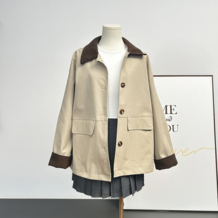 时尚撞色翻领短款风衣女春款宽松中长款工装外套卡其色小个子大衣