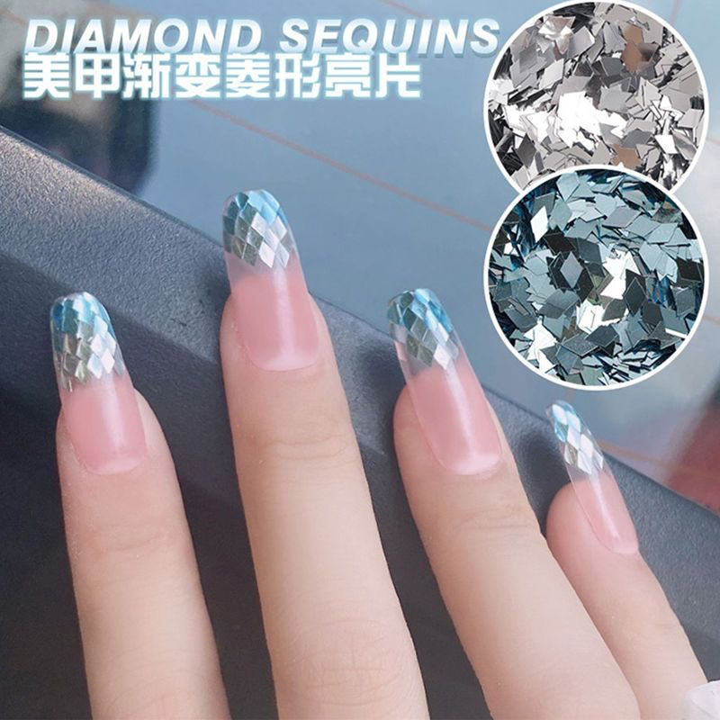 网红美甲爆闪亮片双色渐变蓝海洋风菱形璀璨银色超薄指甲装饰品