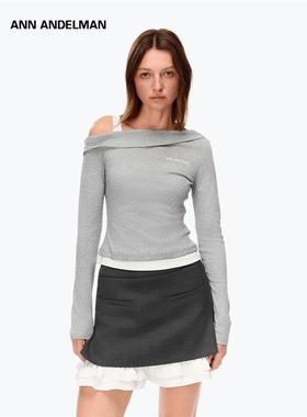 ANN ANDELMAN官方直营 黑色斜肩长袖吊带针织衫假两件露肩T恤上衣