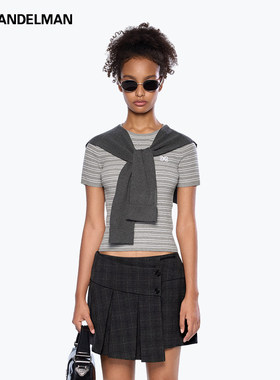 ANN ANDELMAN官方直营 灰色条纹修身短款披肩两件套横条T短袖上衣