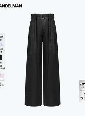 ANN ANDELMAN复古摩登黑色软柔糯羔PU皮裤冬季宽松直筒阔腿长裤子