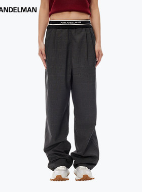 ANN ANDELMAN深灰色宽松直筒裤拼接罗纹腰头格纹裤休闲裤